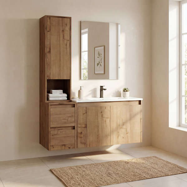 42+Floating+Single+Bathroom+Vanity+with+Upper+Cabinet,+Ceramic+Sink+and+Handle-Free+Design-132949834-132949838