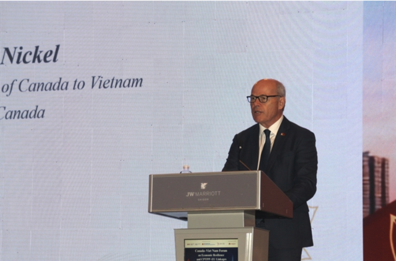 Canada's Ambassador to Việt Nam Jim Nickel addresses the Canada–Việt Nam Forum in HCM City. —Photo courtesy of the organiser